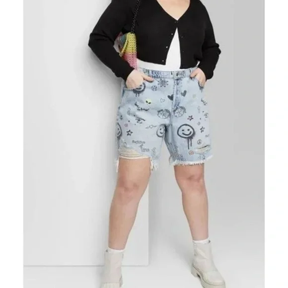 Wild Fable Womens High-Rise Wide Leg Bermuda Doodle Print Jean Shorts - Picture 1 of 10